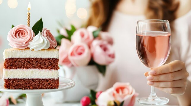 Elegant woman celebrating birthday with afternoon tea, chic teacup and cake setup - Powered by Adobe
