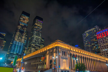 Moynihan Train Hall at Penn Station by night
