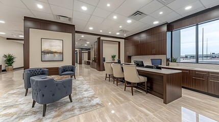 Obraz premium Open office with minimalist design, modern desks, and comfortable seating, fostering a collaborative and clean work environment
