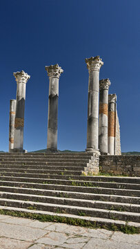 The ancient Roman Columns at Volubilis mear Meknnes in Morocco