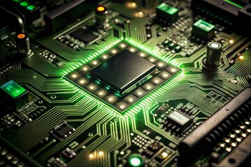 Obraz premium Macro Circuit Board with Blue and Green Lights in Long Exposure for Tech and Electronics Photography