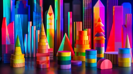 Obraz premium Wooden geometric stacking toys arranged in front of a futuristic city skyline in vibrant neon colors