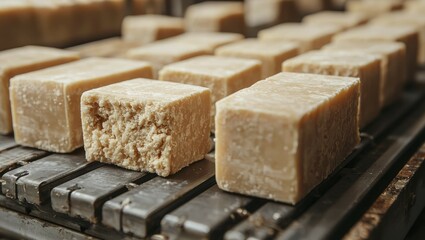 Close-up of Creamy Beige Artisan Cheese on a Metal Conveyor Belt