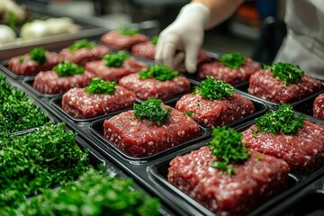 Obraz premium Raw Ground Beef Patties with Parsley in Black Trays