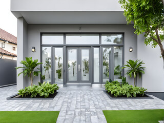 Grey villa with new design entrance, lawn, glass doors and decorative plants