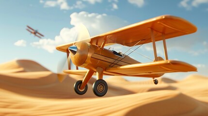 Wooden planes flying above a desert with golden sand dunes