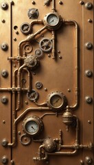 Flat, frontal steampunk wall texture: A level canvas of gears, pipes, and aged metal