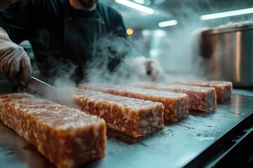 Chef Cutting Steaming Blocks of Jellied Meat