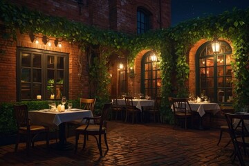 Fototapeta premium A Rustic restaurant, from a view of an outside table at night. Luscious green ivy covers the red brick walls of the restaurant and Warm ambience and candle lights reflecting off glimmering of glasses