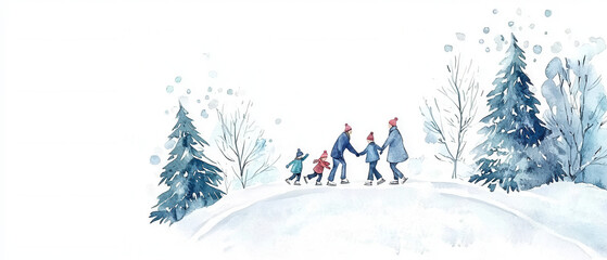 A family enjoys a winter day outdoors, walking through snow-covered ground surrounded by pine trees and gentle falling snowflakes.