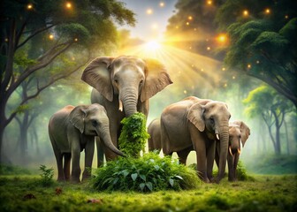 Majestic Elephants Grazing in Nature with Bokeh Background for Wildlife Photography