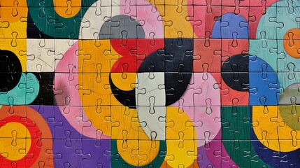 Obraz premium Wooden puzzle with geometric shapes forming a vibrant pattern