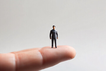 Obraz premium Tiny Man Standing on Fingertip: Miniature Photography