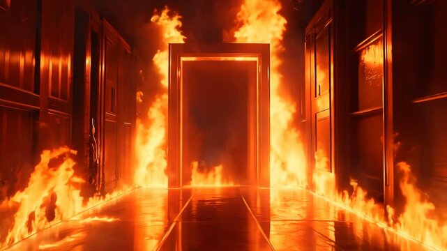 Flames are roaring and surrounding an open door in a hallway that is engulfed in a dramatic fiery scene
