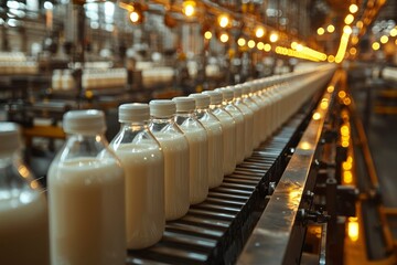 Obraz premium Milk Bottles Moving on a Conveyor Belt in a Factory