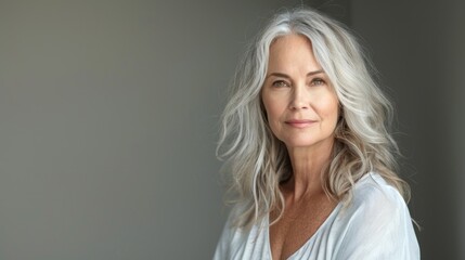 A woman with long, wavy silver hair stands gracefully in a softly lit room. She exudes warmth and confidence, radiating a sense of calm and beauty.