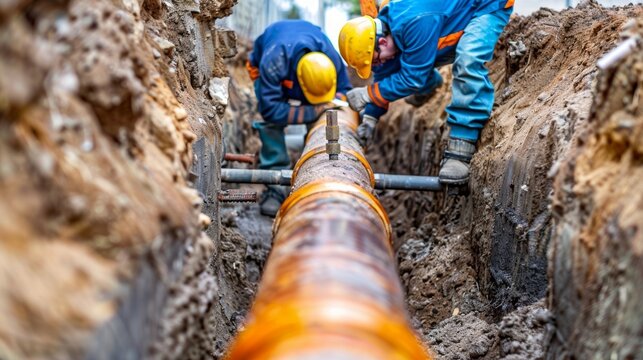 A crew is carefully laying new pipes underground to upgrade the citys water and sewage system.