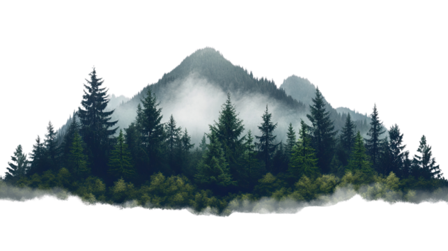 A scenic winter mountain landscape featuring snow-covered peaks, towering trees, and a panoramic view of the serene alpine valley under a cloudy sky