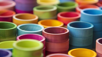 Wooden stacking cups neatly arranged in colorful pattern