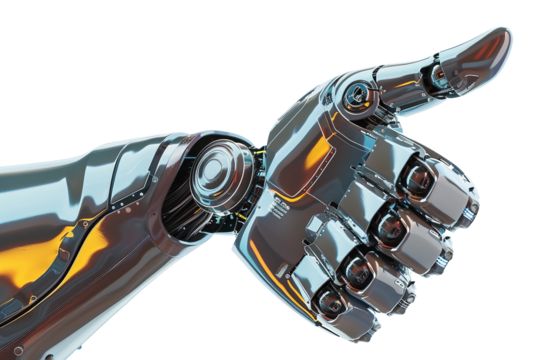 Advanced robotic hand showing a thumbs up isolated on transparent background