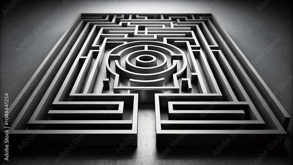Poster minimalist black and white maze drawing with clear pathway for visualizing solutions and challenges