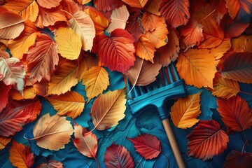 Fototapeta premium Vibrant autumn leaves in shades of orange and yellow are spread across a wooden surface, with a blue rake resting amongst them, capturing the essence of the fall season.