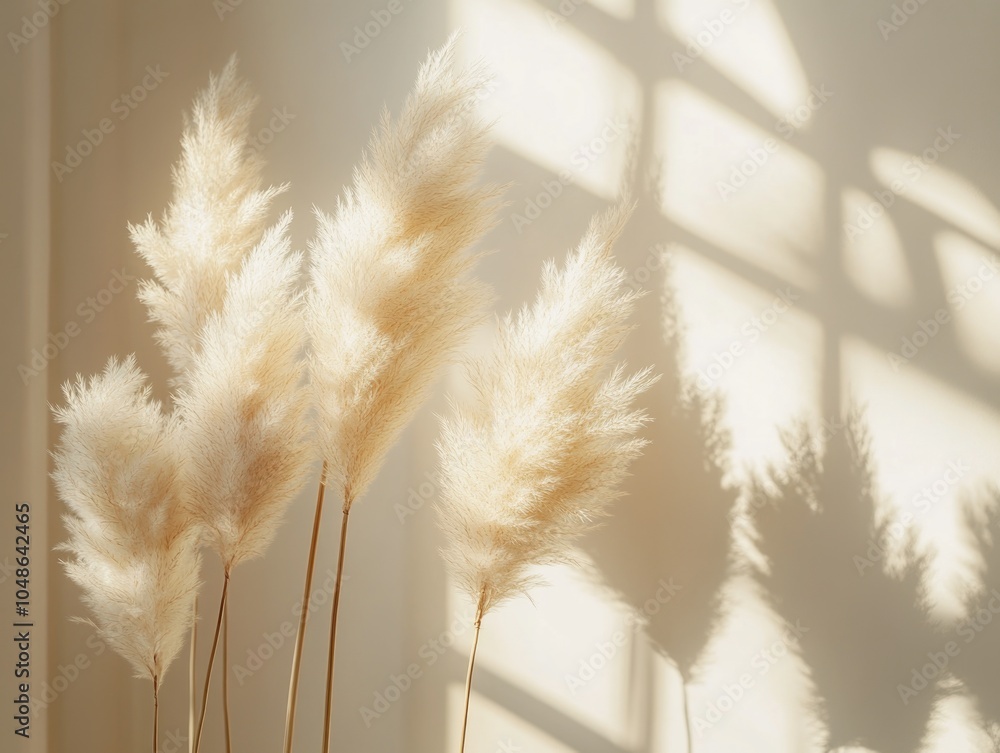 Poster pampas grass backlit by sunlight near a window, creating delicate shadow patterns on a soft beige ba
