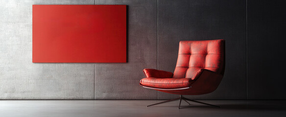 Sophisticated gray and red minimalist waiting area in a bright, open lobby with branding space. Designed to offer a sleek, professional atmosphere in corporate or business environments