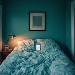 A serene bedroom with a bed, lamp, and tablet on a nightstand.