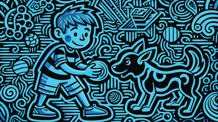 doodle illustration of a boy playing with his dog