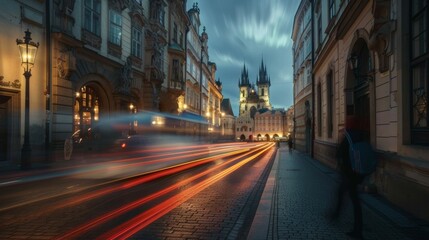 Fototapeta premium Light trails weave through the narrow alleys and ancient buildings of the old town square creating a mystical ambiance.