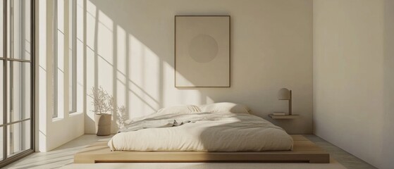 A bedroom with a white bed and a white framed picture on the wall