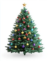 A realistic Christmas tree adorned with colourful ornaments bringing joy and festivity to your holiday celebrations