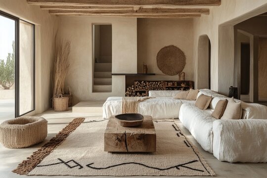 Salon minimaliste en beige et bois, ambiance naturelle avec un tapis berb&egrave;re, villa contemporaine authentique
