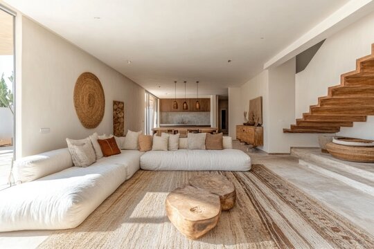 Espace naturel et contemporain avec tapis berb&egrave;re, villa minimaliste aux nuances de beige et bois, salon raffin&eacute;
