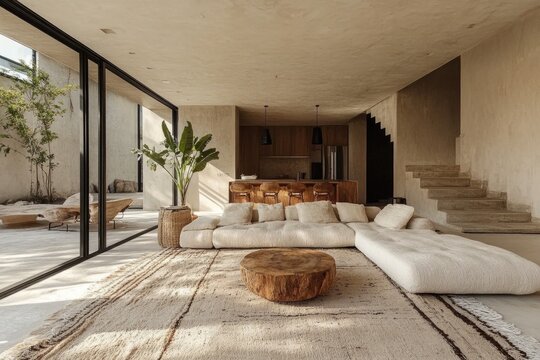 Salon authentique et naturel avec tapis berb&egrave;re dans une villa contemporaine au design minimaliste, tons bois et beige
