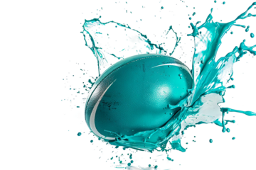 Bold Rugby Ball Splashing in Turquoise Paint Isolated on Transparent Background