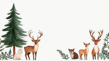 A serene forest scene featuring various deer, a small animal, and a tall evergreen tree, surrounded by green foliage.