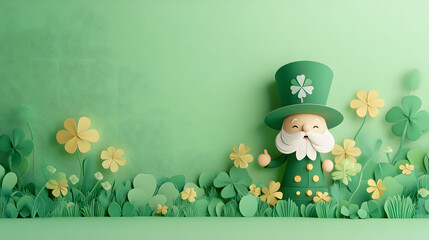 Fototapeta premium A cheerful leprechaun in a green hat celebrates St Patrick's Day with shamrocks and a pot of gold, capturing the festive spirit of Ireland