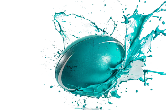 Bold Rugby Ball Splashing in Turquoise Paint Isolated on Transparent Background - Powered by Adobe