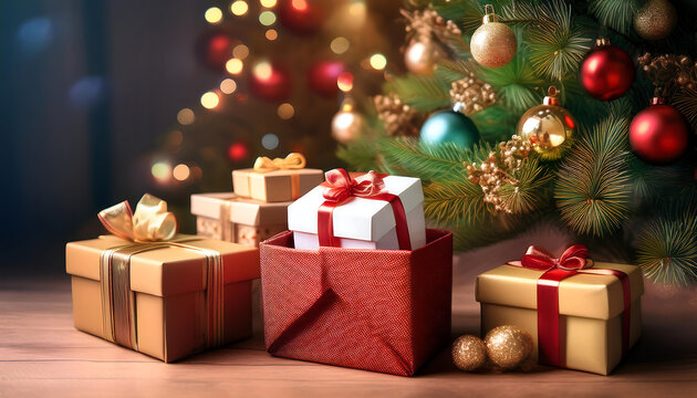 Gifts are placed in a decorated Christmas box near the tree. _1(266)