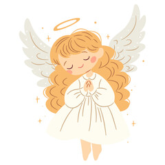 Flat vector illustration in children's style. Cute little angel praying. Children's illustration on white background. Vector illustration