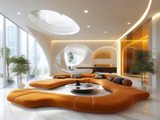 Modern lounge with modular furniture in bold geometric shapes, large windows for natural light, and recessed lighting for an elegant atmosphere