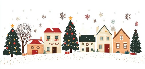 Illustration of a Christmas village with houses, trees, and a white background. The design is cute, colorful, and simple, with a flat style. 