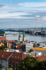 Budapest downtown - drone aerial video of the Hungarian capital. Buda and Danube river at sunrise. Aerial drone view of the Budapest city. Drone view of the capitol city Budapest.