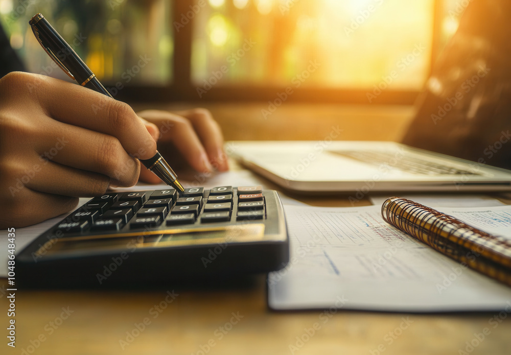 Poster close-up of a person calculating with a calculator
