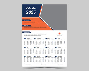  Wall calendar 2025 template, modern 12 month one page calendar design, corporate business calendar.