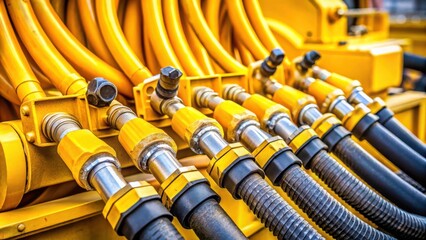 A close-up view of multiple yellow hydraulic hoses and fittings on a piece of heavy machinery, highlighting the intricate design and mechanical details of the equipment.