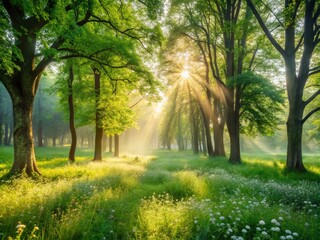 Obraz premium Morning Forest Park with Bokeh Effect - Serene Nature Scene for Tranquil Mornings and Outdoor Bliss