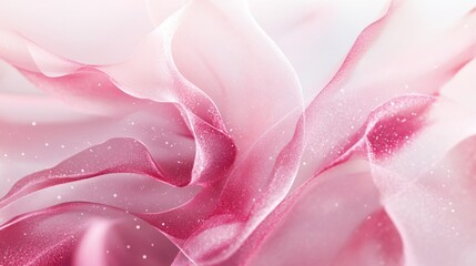A pink and white background with a pink and white fabric with a lot of sparkles. The fabric is flowing and has a lot of texture